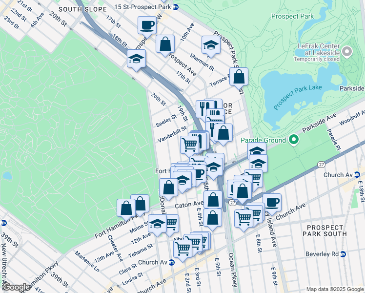 map of restaurants, bars, coffee shops, grocery stores, and more near 44 East 4th Street in Brooklyn