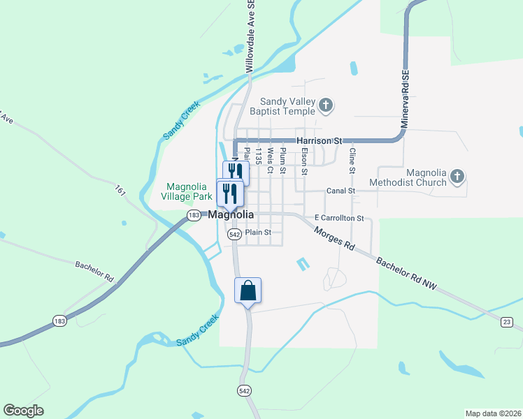 map of restaurants, bars, coffee shops, grocery stores, and more near 205 East Carrollton Street in Magnolia