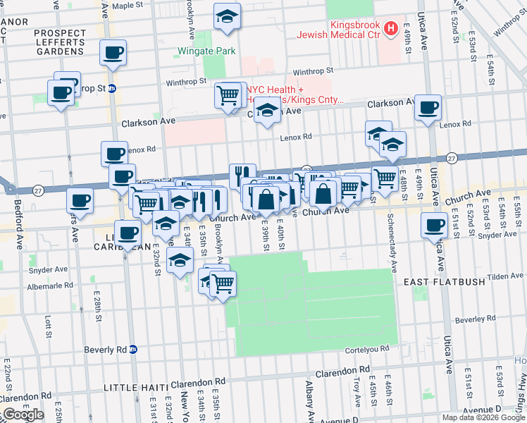 map of restaurants, bars, coffee shops, grocery stores, and more near 240 East 39th Street in Brooklyn