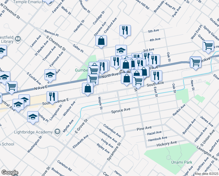 map of restaurants, bars, coffee shops, grocery stores, and more near 555 South Avenue in Garwood