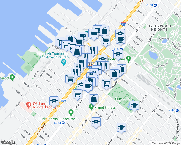 map of restaurants, bars, coffee shops, grocery stores, and more near 319 43rd Street in Brooklyn