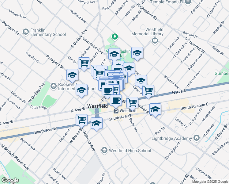 map of restaurants, bars, coffee shops, grocery stores, and more near 43 Elm Street in Westfield