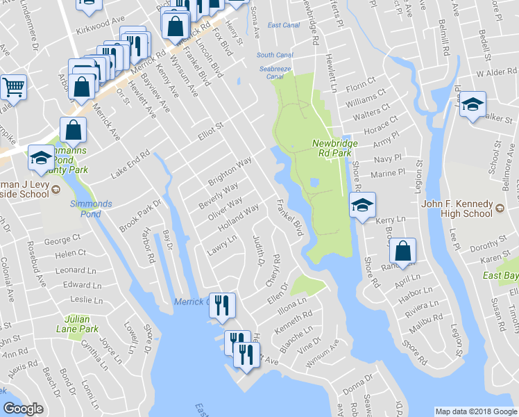 map of restaurants, bars, coffee shops, grocery stores, and more near 2142 Holland Way in Merrick