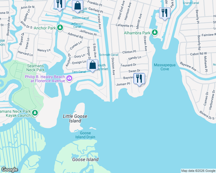 map of restaurants, bars, coffee shops, grocery stores, and more near 27 Forest Avenue in Massapequa