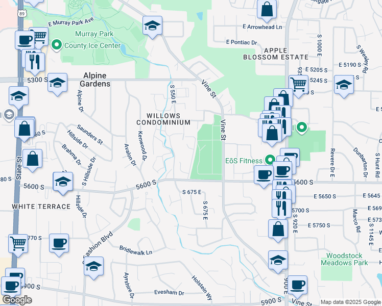 map of restaurants, bars, coffee shops, grocery stores, and more near 604 Taylor Lane in Murray