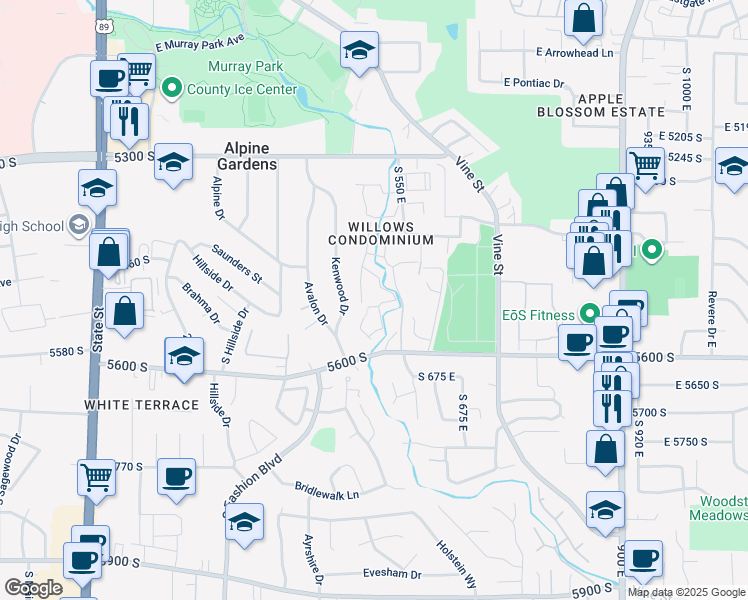 map of restaurants, bars, coffee shops, grocery stores, and more near 5537 Willow Lane in Murray