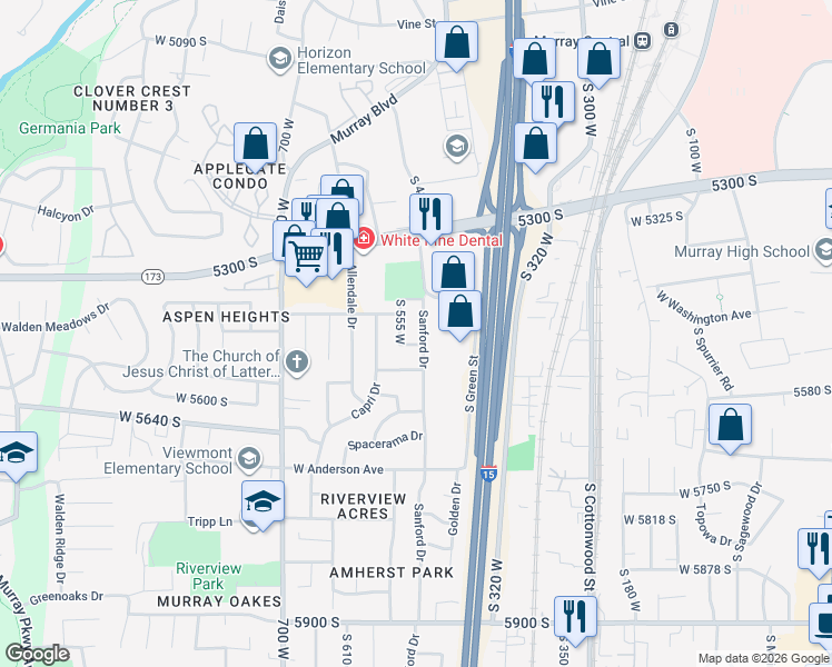 map of restaurants, bars, coffee shops, grocery stores, and more near 5481 Sanford Drive in Murray