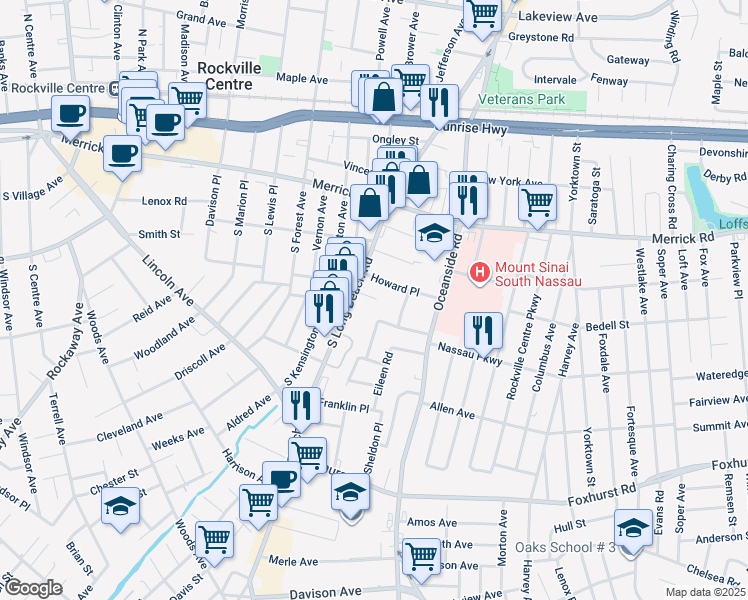 map of restaurants, bars, coffee shops, grocery stores, and more near 2463 South Long Beach Road in Rockville Centre