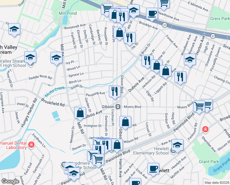 map of restaurants, bars, coffee shops, grocery stores, and more near in Valley Stream
