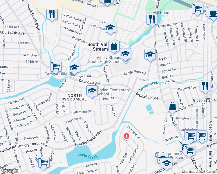 map of restaurants, bars, coffee shops, grocery stores, and more near 84 Rosedale Road in Valley Stream