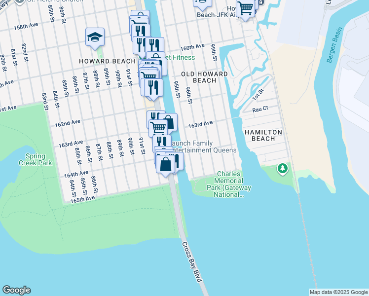 map of restaurants, bars, coffee shops, grocery stores, and more near 163-40 95th Street in Queens