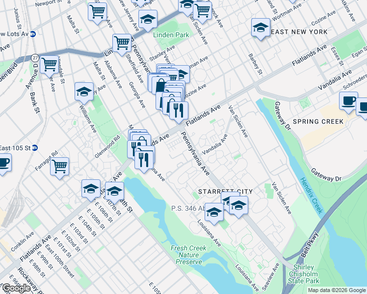 map of restaurants, bars, coffee shops, grocery stores, and more near 1172 Granville Payne Avenue in Brooklyn