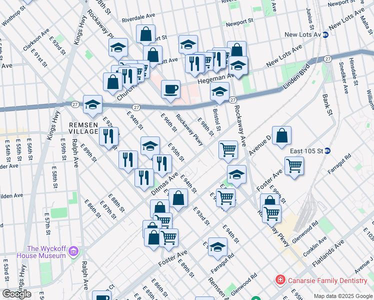 map of restaurants, bars, coffee shops, grocery stores, and more near 718 East 96th Street in Brooklyn