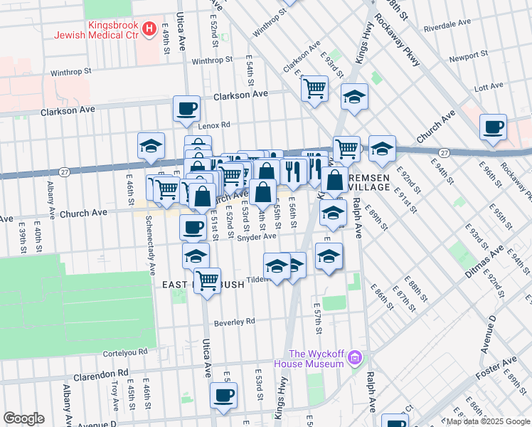 map of restaurants, bars, coffee shops, grocery stores, and more near 299 East 54th Street in Brooklyn