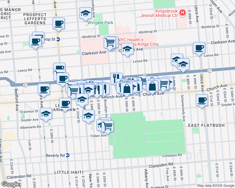 map of restaurants, bars, coffee shops, grocery stores, and more near 3707 Church Avenue in Brooklyn