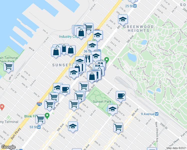 map of restaurants, bars, coffee shops, grocery stores, and more near 451 40th Street in Brooklyn