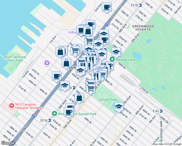 map of restaurants, bars, coffee shops, grocery stores, and more near 3921 4th Avenue in Brooklyn