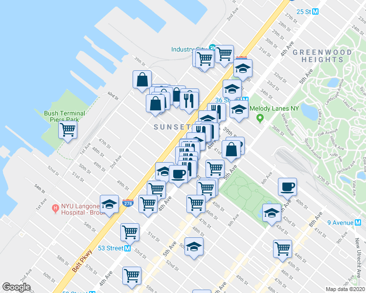 map of restaurants, bars, coffee shops, grocery stores, and more near 4313 3rd Avenue in Brooklyn