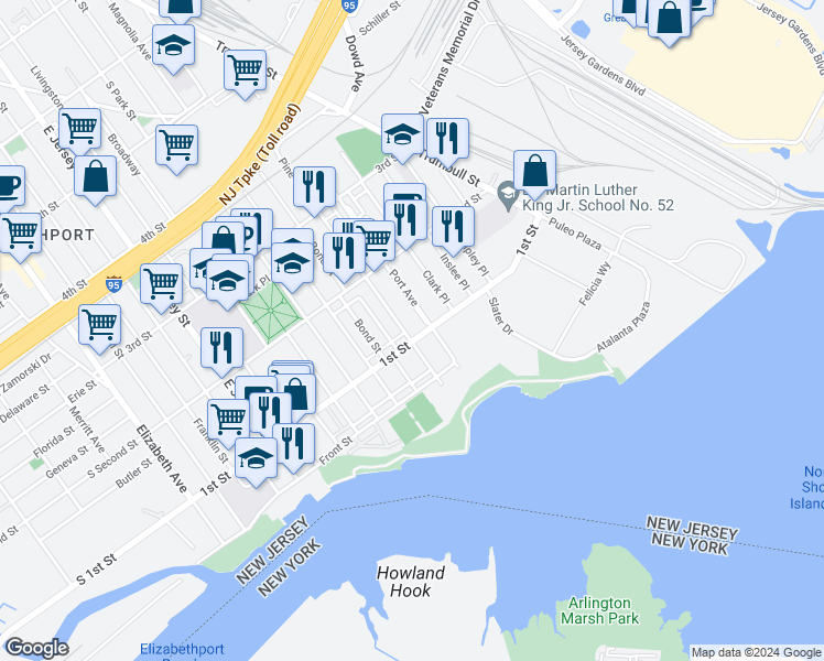map of restaurants, bars, coffee shops, grocery stores, and more near 111 Pine Street in Elizabeth