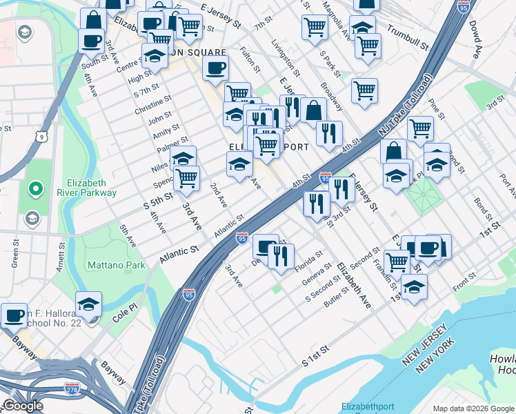 map of restaurants, bars, coffee shops, grocery stores, and more near 372 1st Avenue in Elizabeth