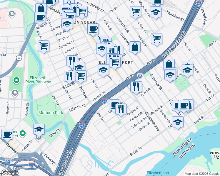 map of restaurants, bars, coffee shops, grocery stores, and more near 28 Rankin Street in Elizabeth