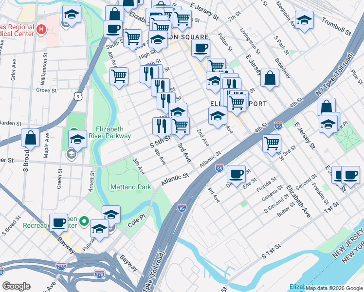 map of restaurants, bars, coffee shops, grocery stores, and more near 230 Loomis Street in Elizabeth
