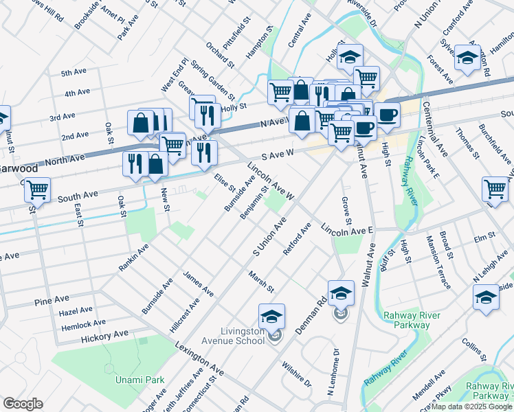 map of restaurants, bars, coffee shops, grocery stores, and more near 90 Benjamin Street in Cranford