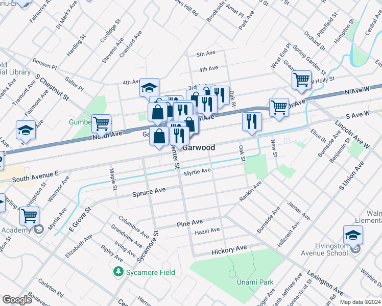 map of restaurants, bars, coffee shops, grocery stores, and more near in Garwood
