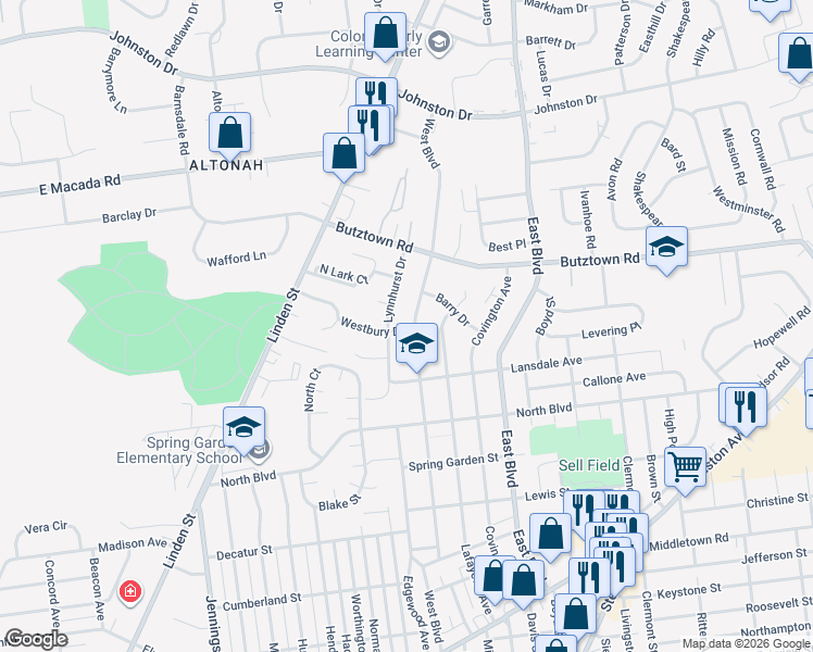 map of restaurants, bars, coffee shops, grocery stores, and more near 1219 Westbury Drive in Bethlehem