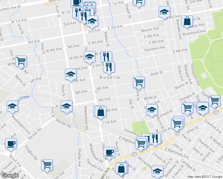 map of restaurants, bars, coffee shops, grocery stores, and more near 154 E 8th Ave in Roselle