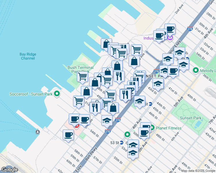 map of restaurants, bars, coffee shops, grocery stores, and more near 149 47th Street in Brooklyn