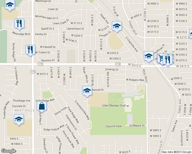 map of restaurants, bars, coffee shops, grocery stores, and more near 5488 Obsidian Way in Salt Lake City