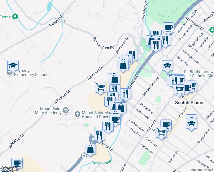 map of restaurants, bars, coffee shops, grocery stores, and more near US 22 West in Watchung