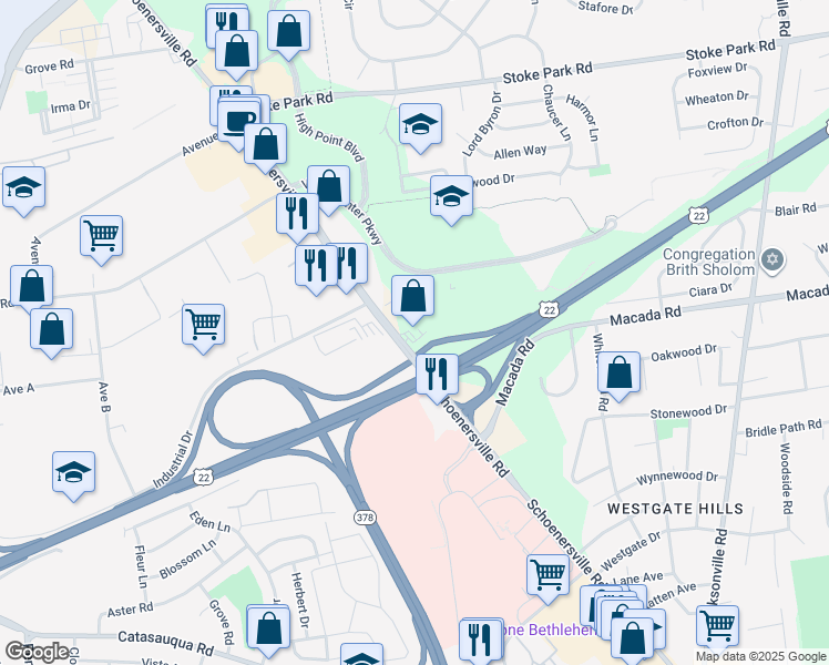 map of restaurants, bars, coffee shops, grocery stores, and more near 3010 Schoenersville Road in Bethlehem