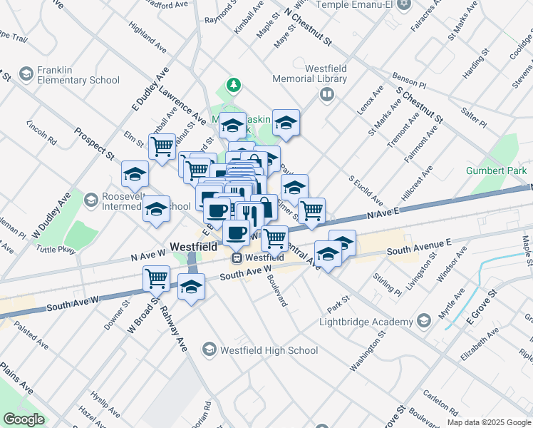 map of restaurants, bars, coffee shops, grocery stores, and more near 155 Central Avenue in Westfield