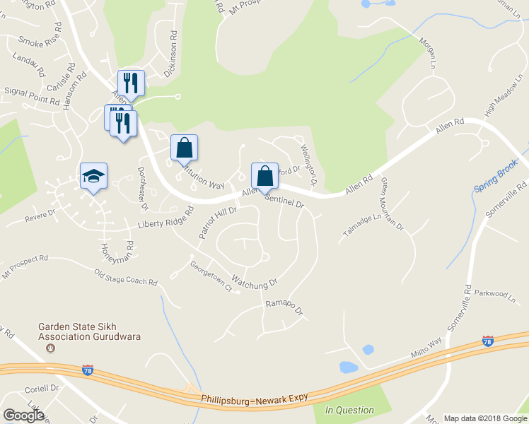 map of restaurants, bars, coffee shops, grocery stores, and more near 96 Patriot Hill Drive in Bernards