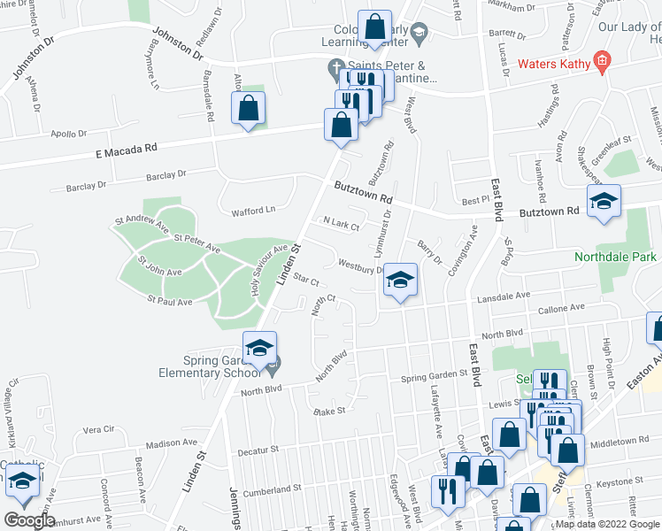 map of restaurants, bars, coffee shops, grocery stores, and more near 1045 Westbury Circle in Bethlehem