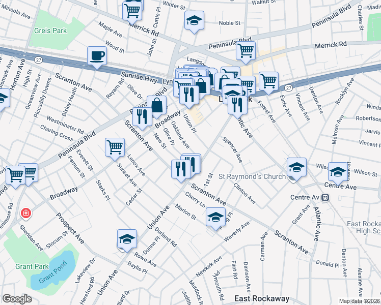 map of restaurants, bars, coffee shops, grocery stores, and more near 74 Oakland Ave in Lynbrook