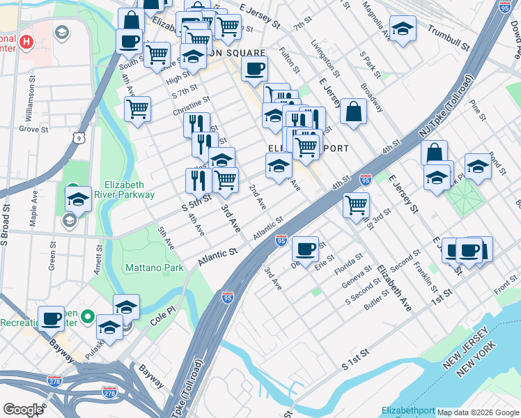 map of restaurants, bars, coffee shops, grocery stores, and more near 203 Rankin Street in Elizabeth