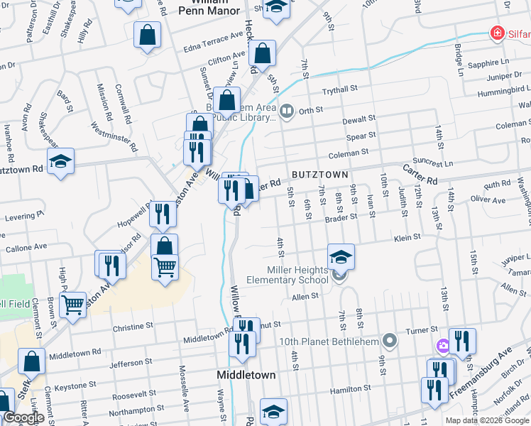 map of restaurants, bars, coffee shops, grocery stores, and more near 2510 Riegel St in Bethlehem