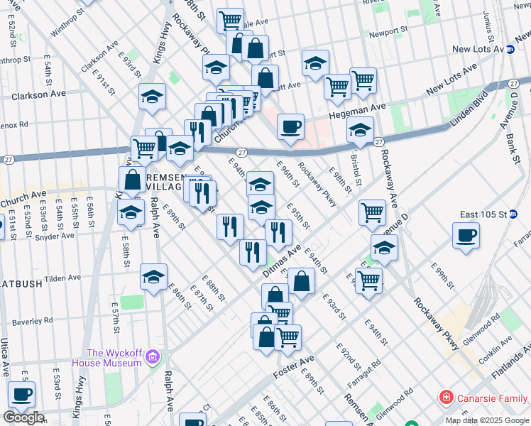 map of restaurants, bars, coffee shops, grocery stores, and more near 9301 Avenue B in Brooklyn