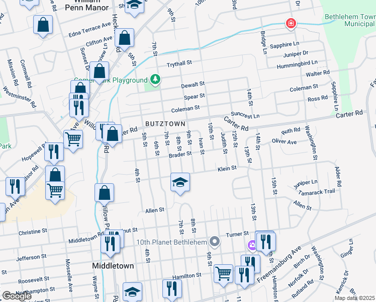 map of restaurants, bars, coffee shops, grocery stores, and more near 2505 9th Street in Bethlehem