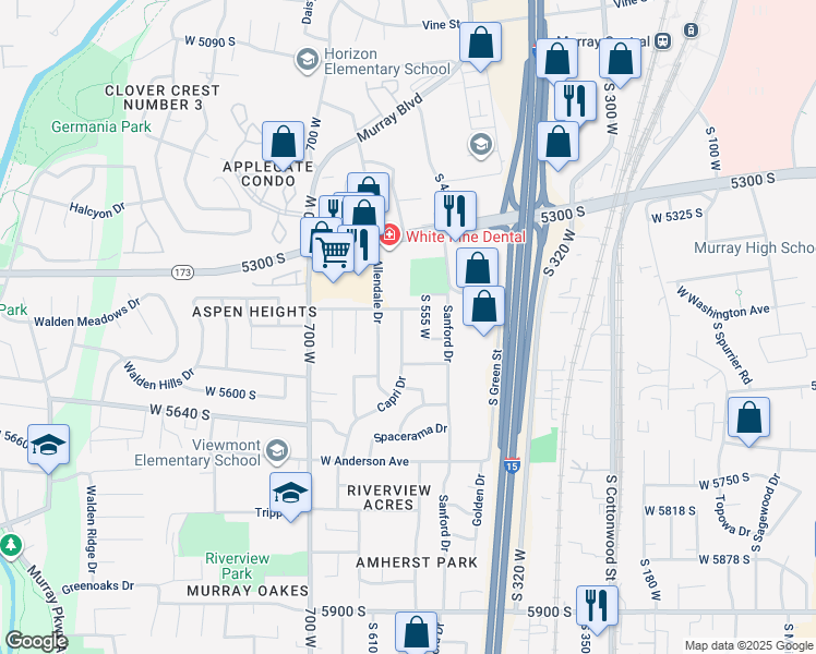 map of restaurants, bars, coffee shops, grocery stores, and more near 5493 Capri Drive in Murray