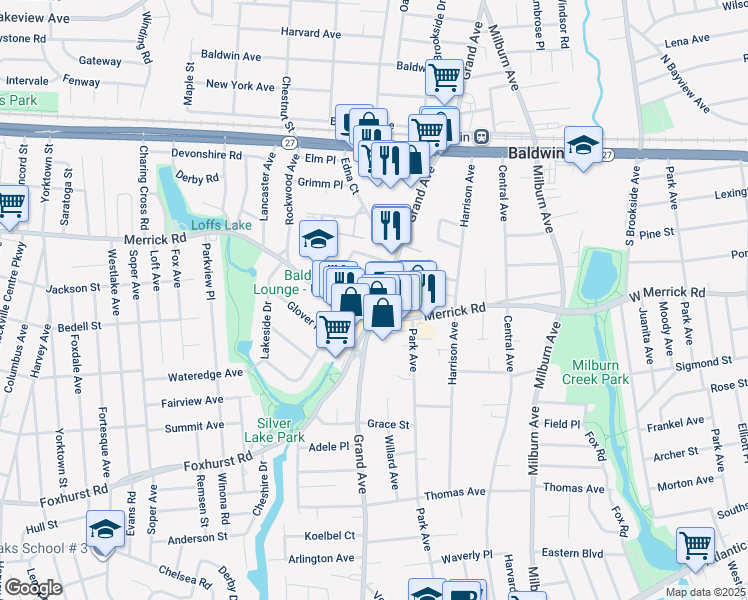 map of restaurants, bars, coffee shops, grocery stores, and more near 2428 Grand Avenue in Baldwin