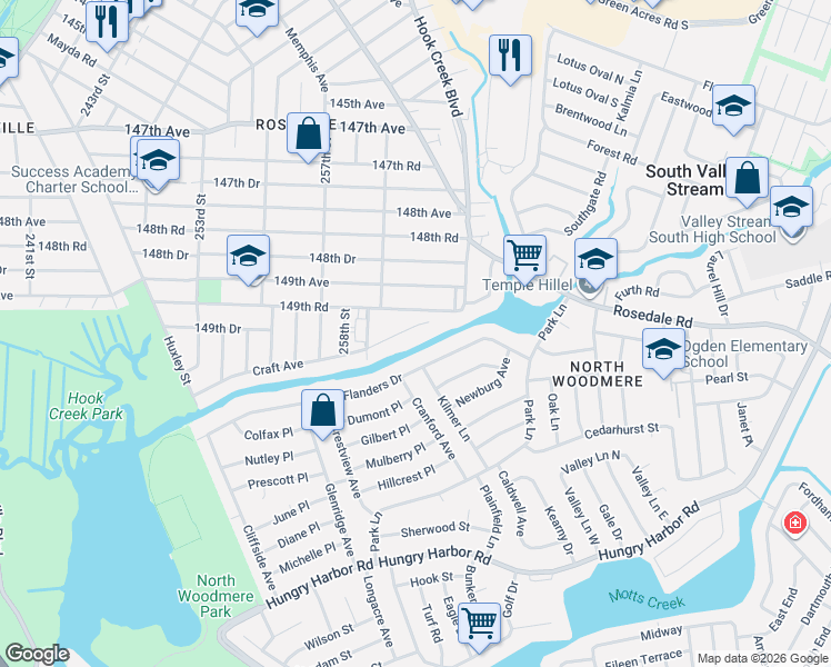 map of restaurants, bars, coffee shops, grocery stores, and more near 259-54 Craft Avenue in Queens