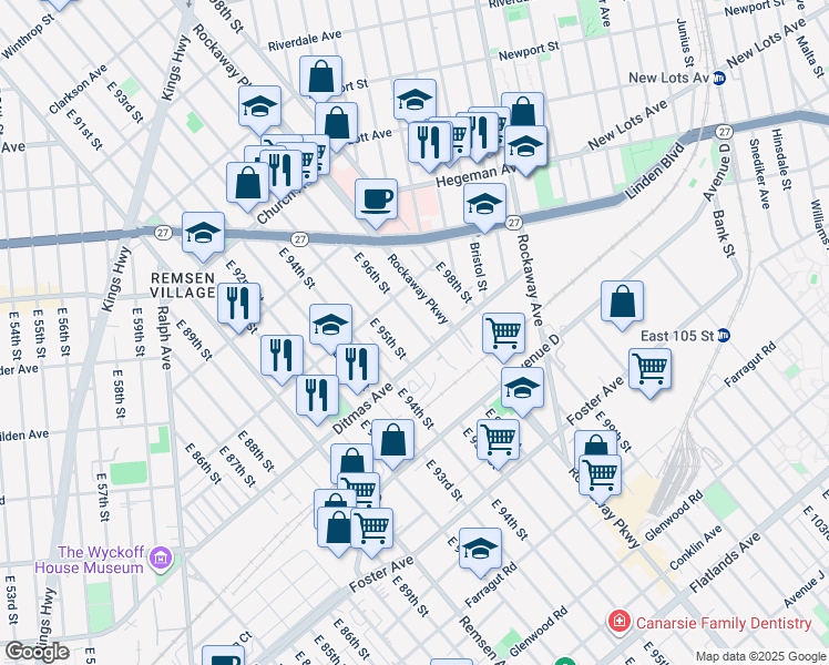 map of restaurants, bars, coffee shops, grocery stores, and more near 718 East 96th Street in Brooklyn