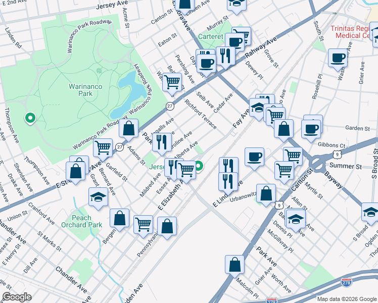 map of restaurants, bars, coffee shops, grocery stores, and more near 2040 Alberta Avenue in Linden