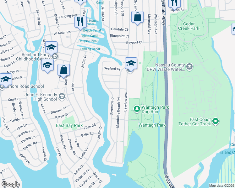 map of restaurants, bars, coffee shops, grocery stores, and more near 2764 Mandalay Beach Road in Wantagh
