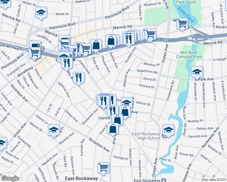 map of restaurants, bars, coffee shops, grocery stores, and more near 260 Rocklyn Avenue in East Rockaway