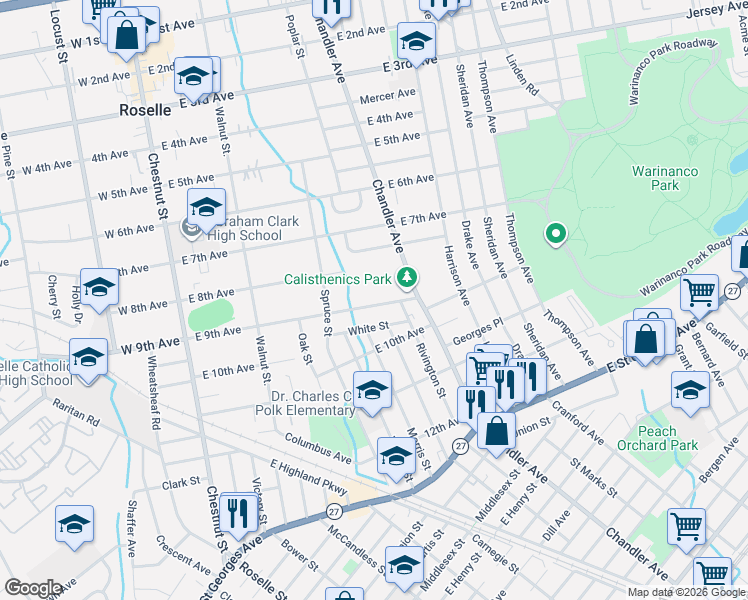 map of restaurants, bars, coffee shops, grocery stores, and more near 399 East 9th Avenue in Roselle